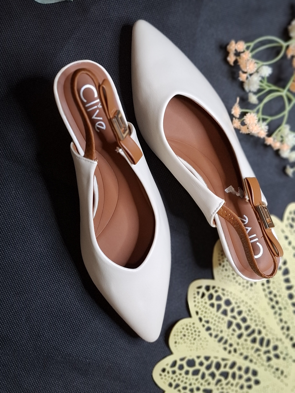 White Pointed Slingback Flats with Tan Accent - Picture 4 of 8